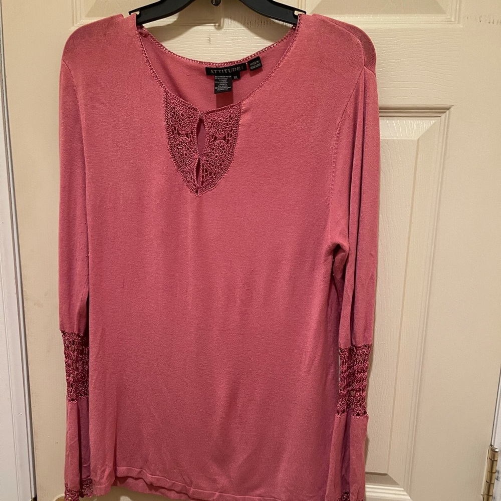 ATTITUDE Rose Pink Sweater, Size XL, Crochet Lace Neck and Sleeves